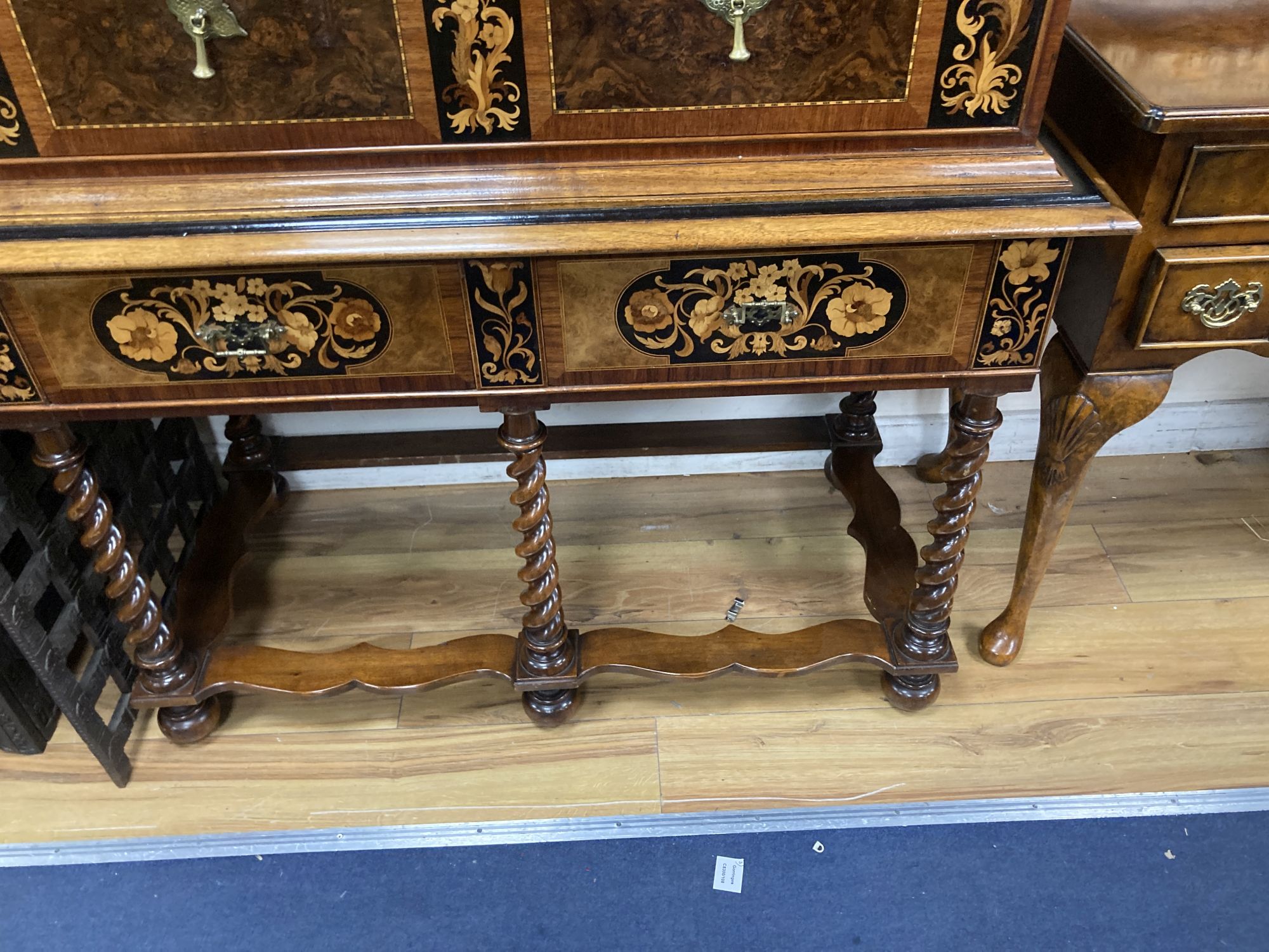 An 18th century style Dutch marquetry inlaid burr walnut chest on stand, width 108cm, depth 51cm, height 153cm